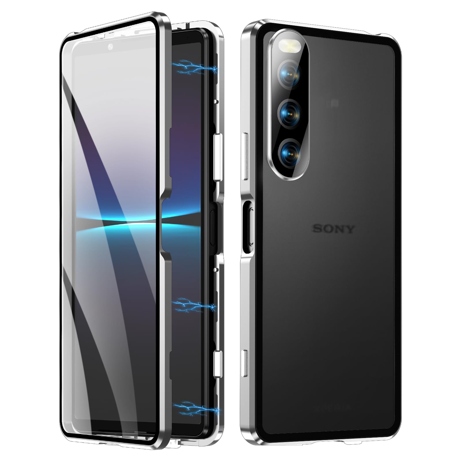 Case Compatible for Sony Xperia 10 VI, Magnetic Adsorption Metal Bumper Frame with Transparent Tempered Glass Screen Front and Back, 360 Degrees Protection Case, Camera Lens Protectors Cover,Black
