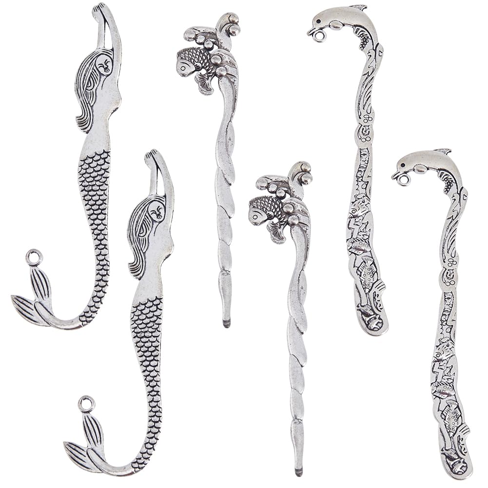 SUNNYCLUE 12Pcs Hook Bookmarks Vintage Style Antique Silver Bookmark Hooks Mermaid Koi Fish Dolphin Animal Bookmarks Summer Ocean Hairpin Strip Carved Book Marks with Loop for Beading DIY Crafting