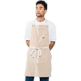 Caldo Linen Kitchen Apron for Cooking- Mens and Womens Linen Bib Apron for Professional Chef, Server, or Barista- Adjustable with Pockets (Bone)