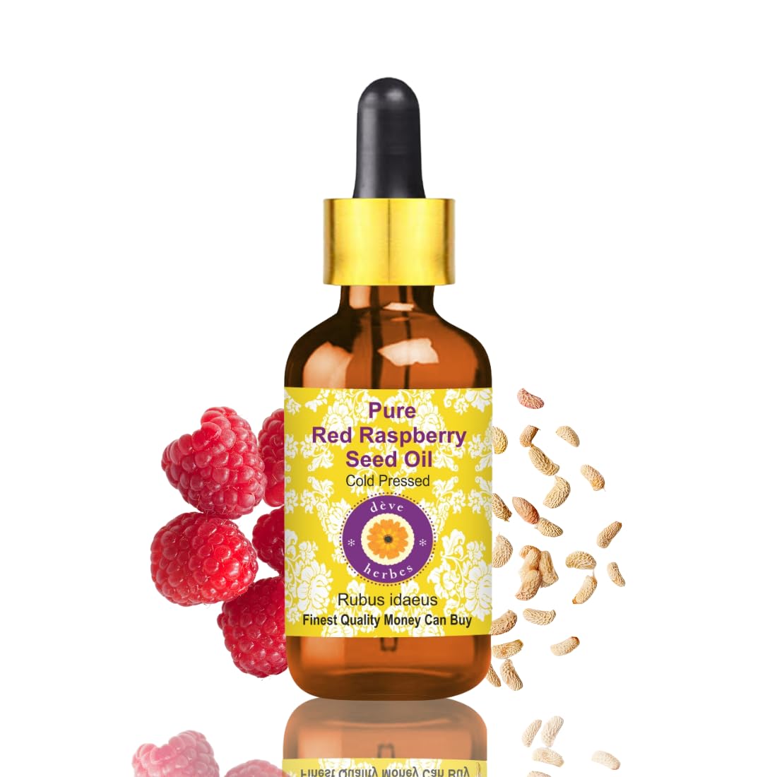 Deve Herbes Pure Red Raspberry Seed Oil (Rubus idaeus) Non-Sticky | Non-Greasy | For Skin, Hair, Massage & DIY Use 50ml with Glass Dropper