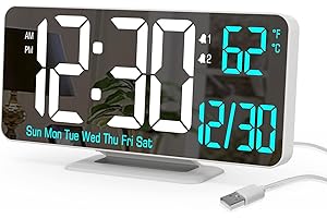 KOSUMOSU Digital LED Clocks for Bedrooms 6.7in White Alarm Clock, Dimming, 12/24h, Date, Day of Week,Temp,Desk Clock, LED Clock for Bedside, Digital Calendar Clocks for Living Room Essentials