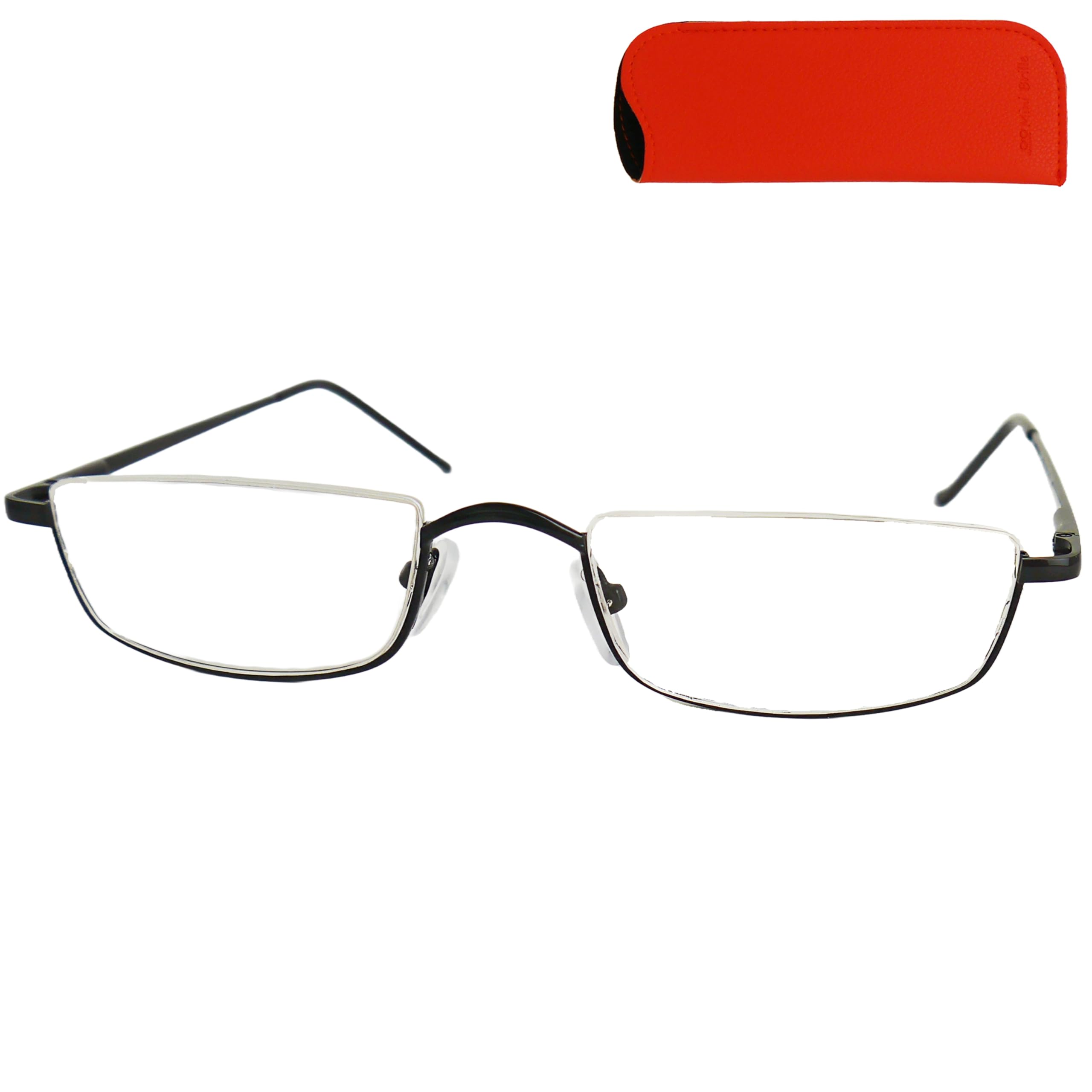 Mini Brille - Metal Half Moon Reading Glasses, Including Case, Square Half Eye Stainless Steel Frame (Black) with Spring Hinge, Men and Women Readers +1.00 Magnification