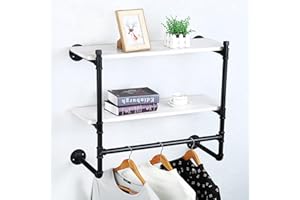 JIANZHUO Industrial Pipe Clothing Rack Wall Mounted with Wood Shelf,Rustic Retail Garment Rack Display Rack Cloths Rack,Pipe Shelving Floating Shelves