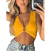 AEVZIV Sexy Crop Tops for Women Sleeveless Deep V Neck Workout Tops Plunge Ring Cleavage Cropped Tank Top