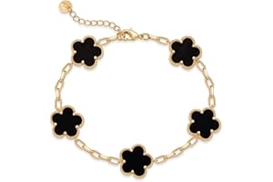 PAVOI 14K Gold Plated Clover Bracelets for Women - Flower Four Leaf Clover Bracelet - Mother of Pearl & Onyx Gemstone Lucky Flower Design - Adjustable Trendy Jewelry Gifts