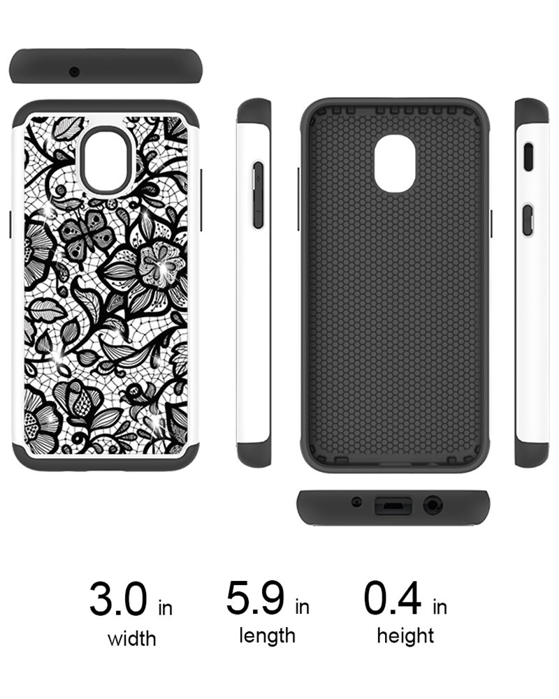 Samsung Galaxy J7 2018 Case, Galaxy J7 Refine/J7 Aero/J7 Top/Aura/Crown/Eon/Star Case, Androgate Hybrid Shock Absorption Floral Bumper Phone Cover Case with TPU Full Coverage Screen Protector, Black