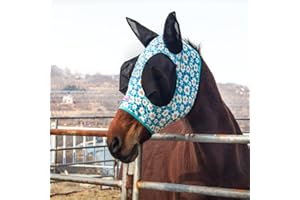 Horzmetnex Stretchy Horse Fly Mask with Ears,Extra-Large Eyes & Mane Opening – Soft, Breathable Fly Mask for Horses, Tangle-Free Design, Enhanced Visibility (Blue Flower, Full (Large))