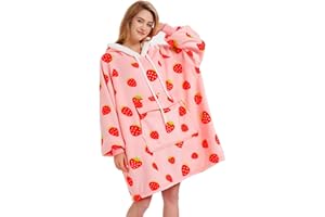 Qeils Oversized Wearable Blanket Hoodie | Comfy Sherpa Sweatshirt Pullover Jacket,Gifts for Adults Mom Wife Girlfriend Men (Strawberry, Adult)