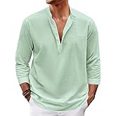 Karlywindow Mens Linen Henley Shirts Long Sleeve Hippie Yoga Summer Beach Casual Henleys T-Shirt