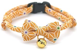 PetSoKoo Japan Chirimen Bowtie Cat Collar. Tortoiseshell Pattern. Safety Breakaway with Bow, Soft, Comfortable, Cute Collars for Girl Boy Female Male Cats,Yellow