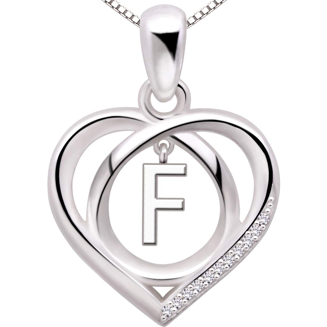 ALOV Jewelry Sterling Silver Initial F Letter Alphabet Love Heart Cubic Zirconia Pendant Necklace