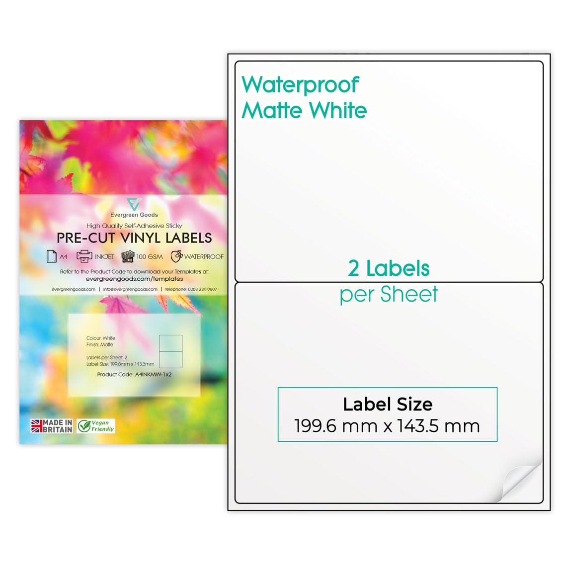Precut Printable Waterproof Vinyl Labels Stickers A4 Sheet (1x2 (2 per Sheet), 20 Sheets) | 9 Label Size Variations | Matte White A4 Labels Sticker Paper | Inkjet & Laser Printable