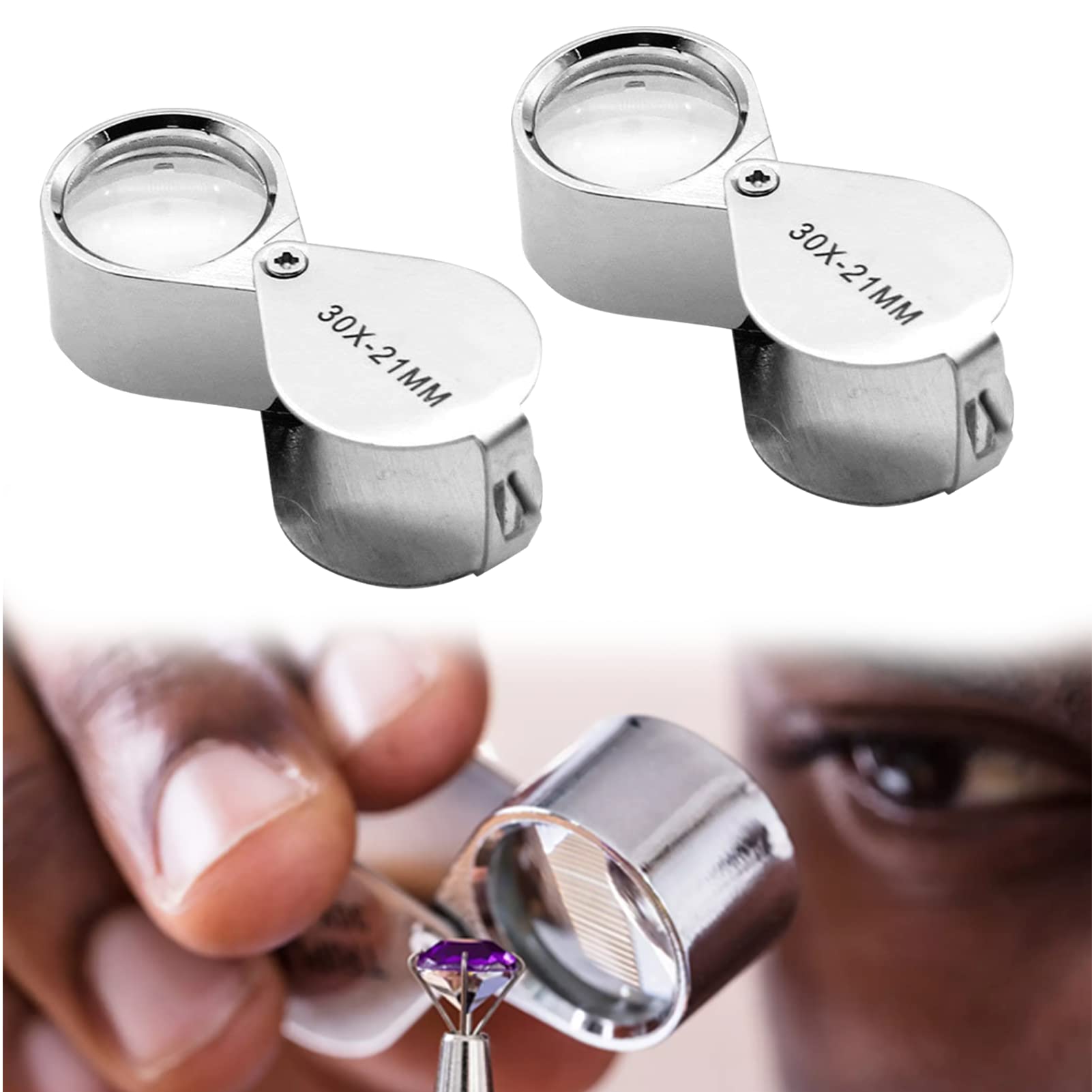2PCS Pocket Jewelry Loupe, 30x Magnifying Glass Folding Pocket Metal Magnifying Glass for Reading Coins, Diamonds, Jeweller, Stamps with 21 mm Diameter Jewelers Eye Magnifying Glass Magnifier