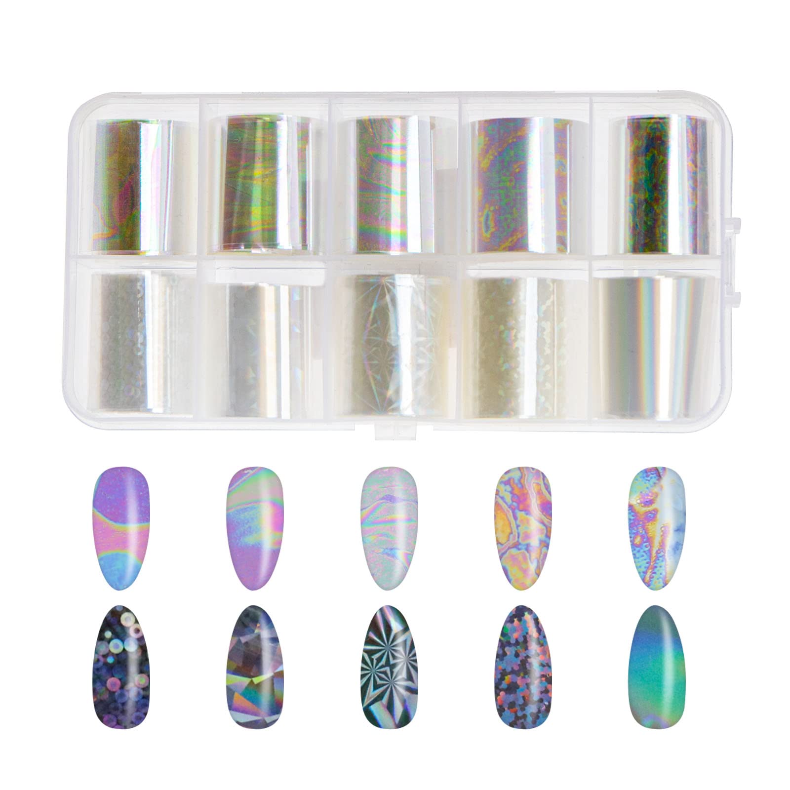 ECSiNG 10 Rolls White Pearl Color Holographic Nail Foil Transfer Sticker Roll Set Nail Art Transfer Glitter Stickers for Nail Art Decoration DIY Salon -Style-A
