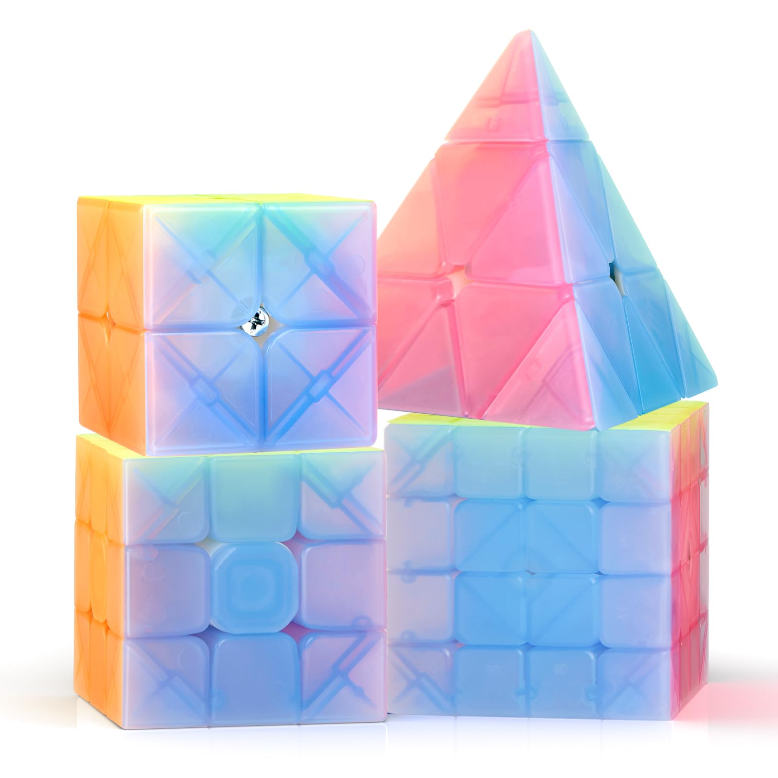 ROXENDA Speed Cube Set, 2X2 3X3 4X4 Pyramid Cube Stickerless with Instruction [4 Pack] (Jelly Cube Set)