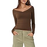 MIHOLL Womens Long Sleeve Off The Shoulder Tops Y2K Going Out Slim Fit Crop V Neck Shirts Fall Fashion Clothes Outfits