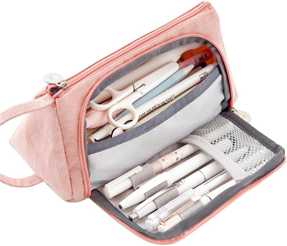 Yudesun Stationery Office Supplies Desk Accessories Storage Products Organisers Pencil Cases - Large Capacity Cotton Linen 3 Compartment Pen Case Girls Pink Stationery Pouch 20 x 11cm 1PCS