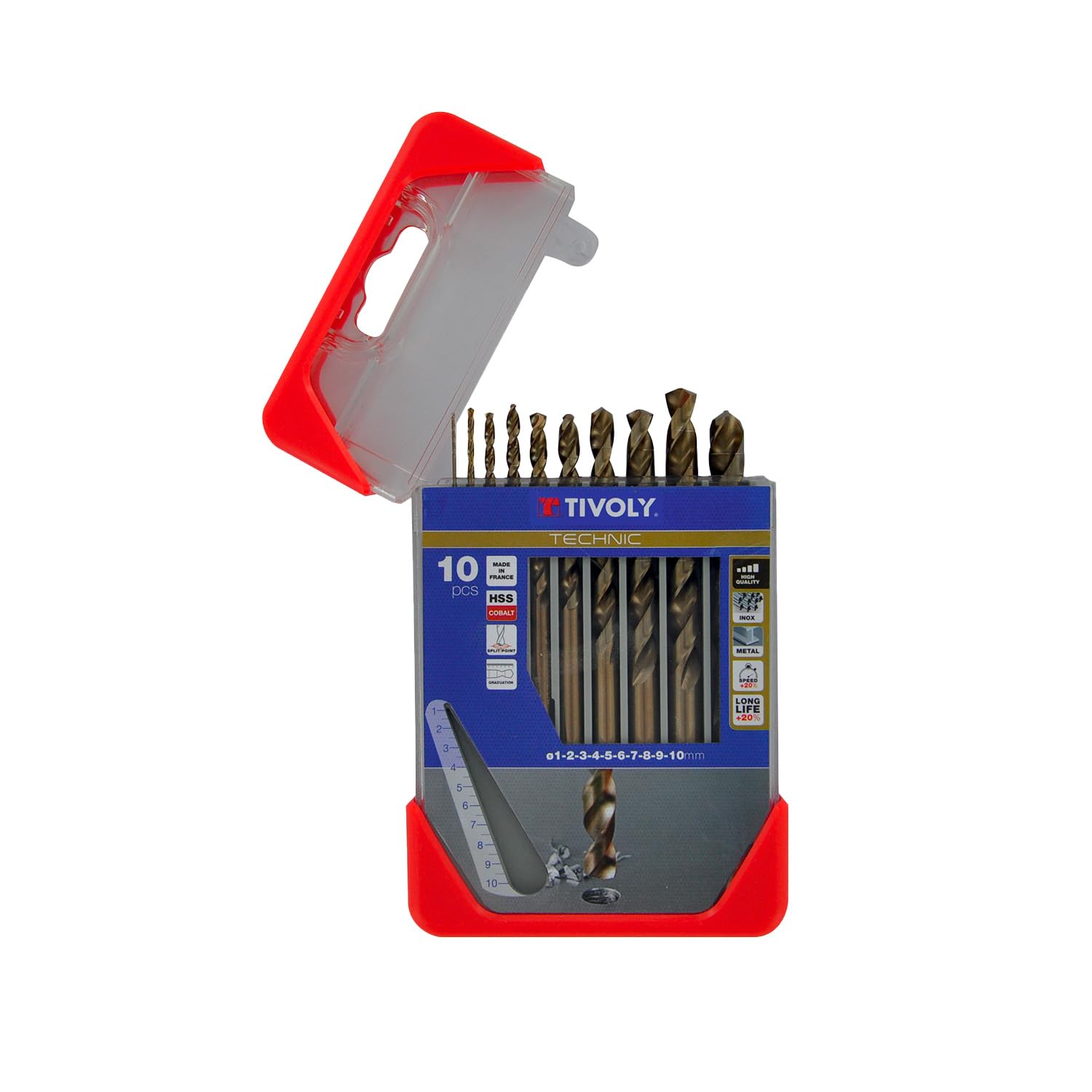 TIVOLY - High-Performance Metal Drills Set - Special Drilling for Stainless Steel and Resistant Steels - 10 HSS Cobalt Drills Ø 3/64" to 25/64"