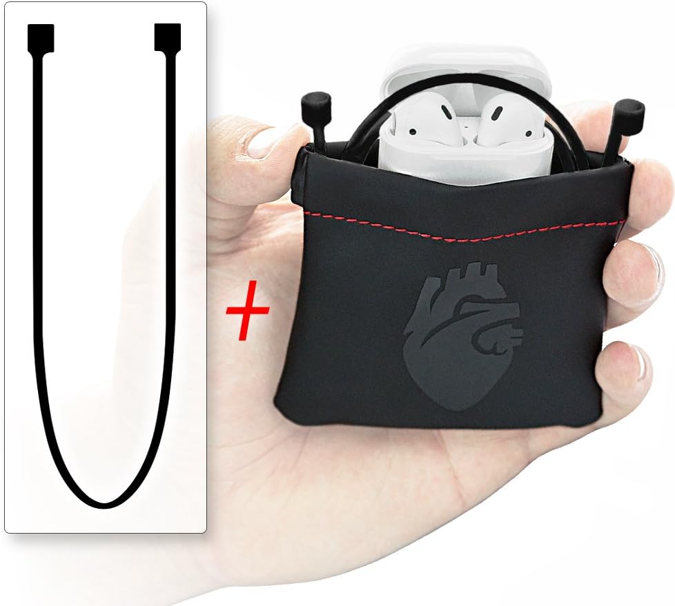 AirPods Travel Case + BLACK Tether Earbuds Strap COMBO by ZLS • Easy-to-Open Tension Collar Protective Carrying Pouch & Anti-lost Silicone Security Earphones Leash Accessory for Apple iPhone7 + 8 + X
