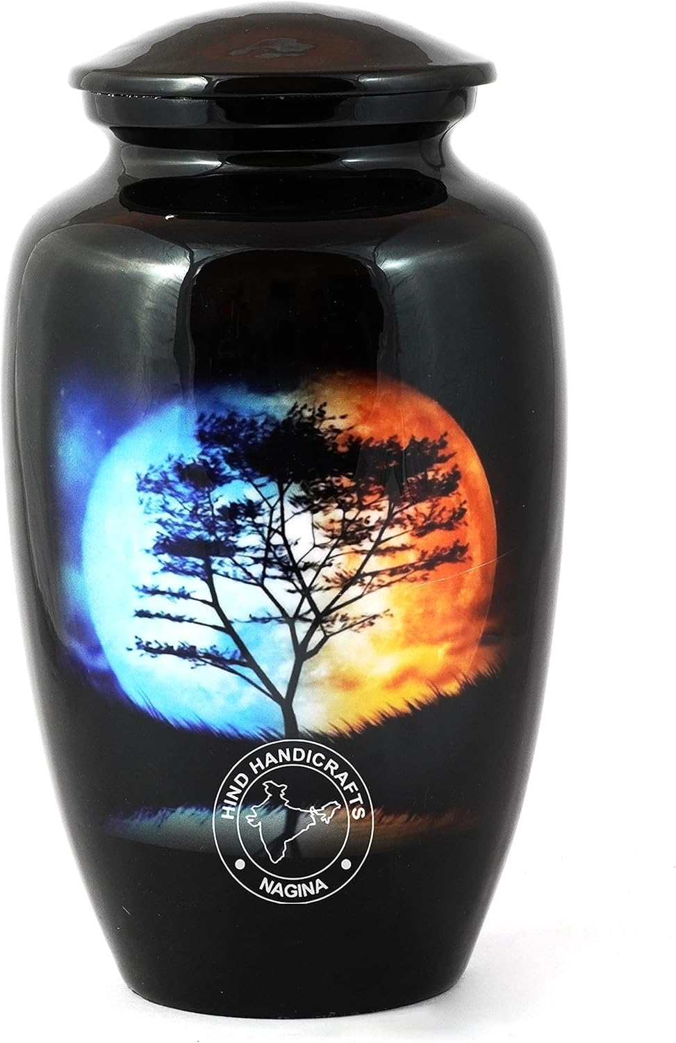 Aluminium Cremation Urn for Human Ashes – Handcrafted Adult Funeral Urn with Moonlight Tree Design | Affordable Memorial, Velvet Bag Included (Sun & Moon Night, 200 Cubic Inches)