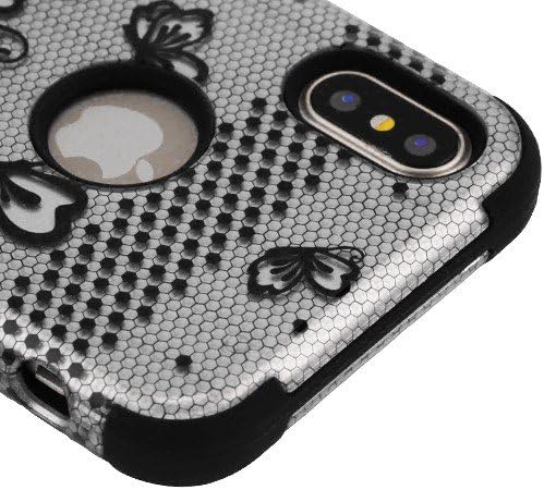 Kaleidio Case Compatible for Apple iPhone XS, X [TUFF] Rugged Armor 3-Piece [Shock/Impact Protection] Dual Layer Hybrid Rubber Cover [Silvery Lace Flowers]