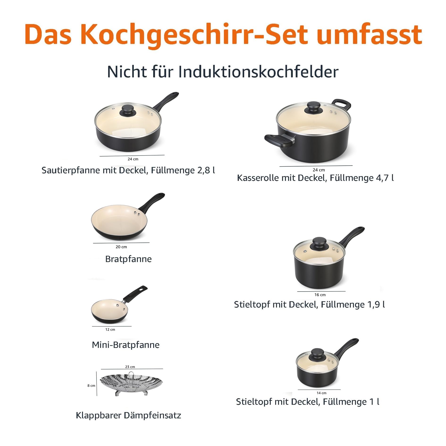 Amazon Basics 11-teiliges Kochgeschirr-Set mit Töpfen und Pfannen aus Keramik, antihaftbeschichtet, Schwarz/Creme 4