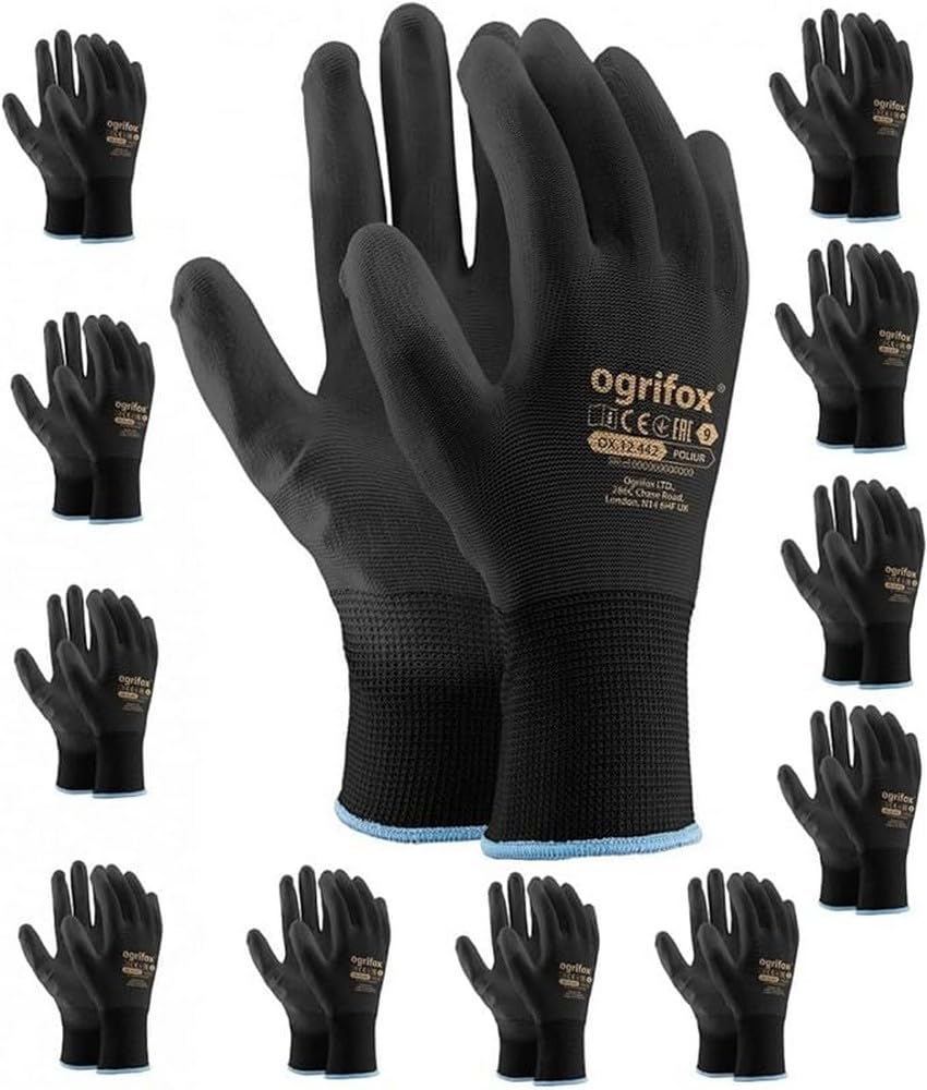 PU Coated Black Nylon Work Gloves. Gardening, Builders, Mechanic (XL (10)), 12 Pairs