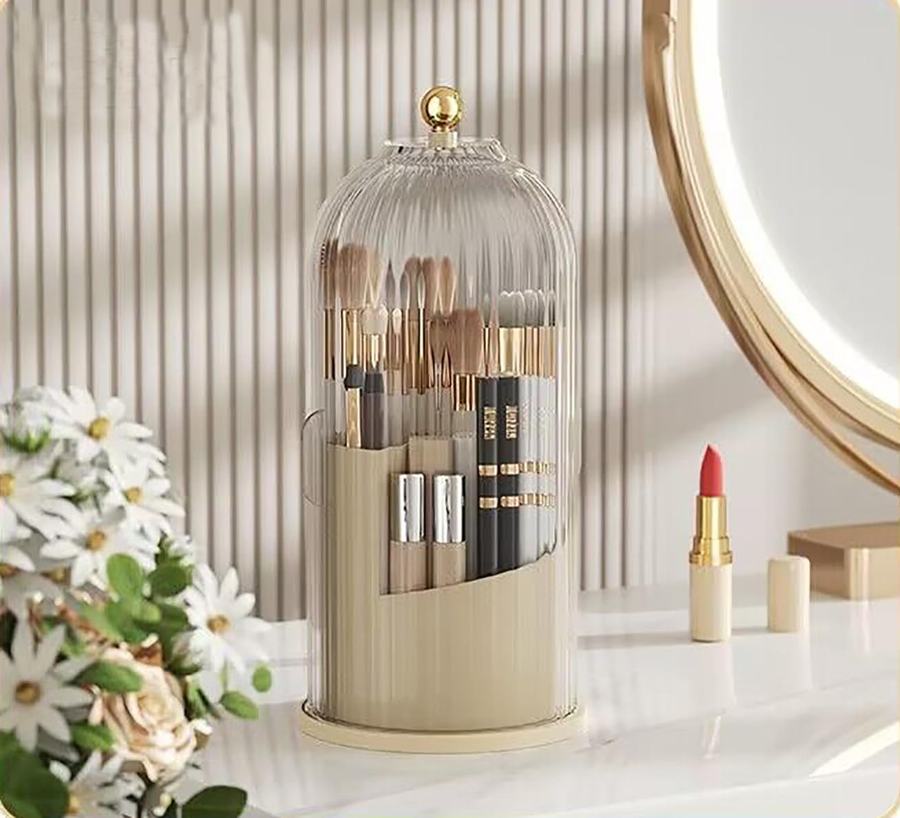 Yuzita Makeup Brush Holder Organizer with Lid, Rotating Dustproof Make Up Brushes Container, Makeup Brushes Organizer, for Vanity Desktop Bathroom Countertop