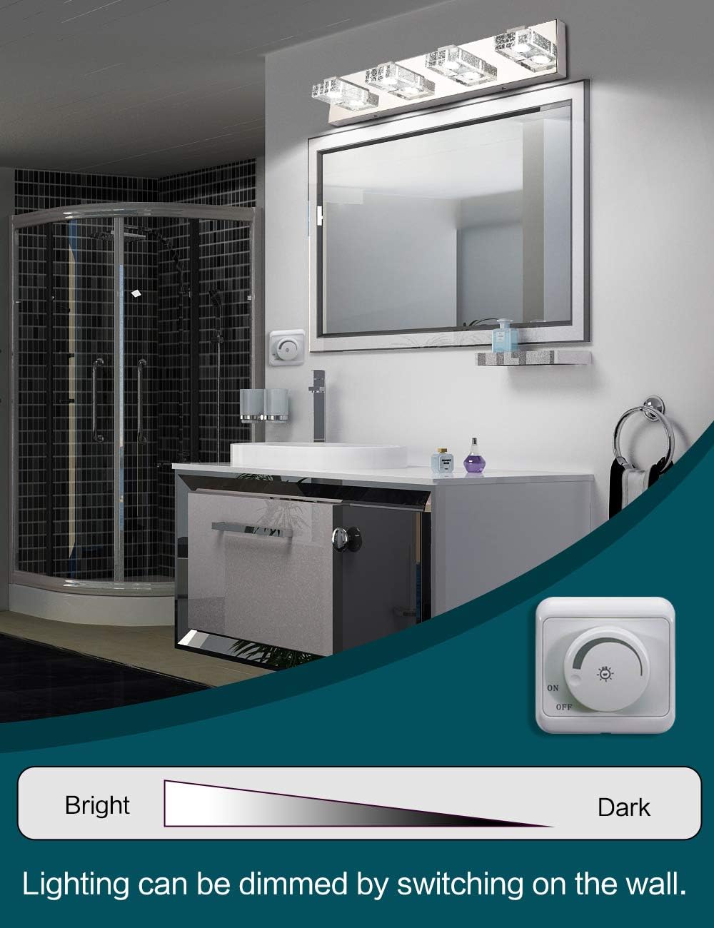 Dimmable Bathroom Light, SOLFART 4 Lights Modern Glass Stainless Steel Vanity Wall Light Over Mirror Long LED Bathroom Lighting Fixtures - - 