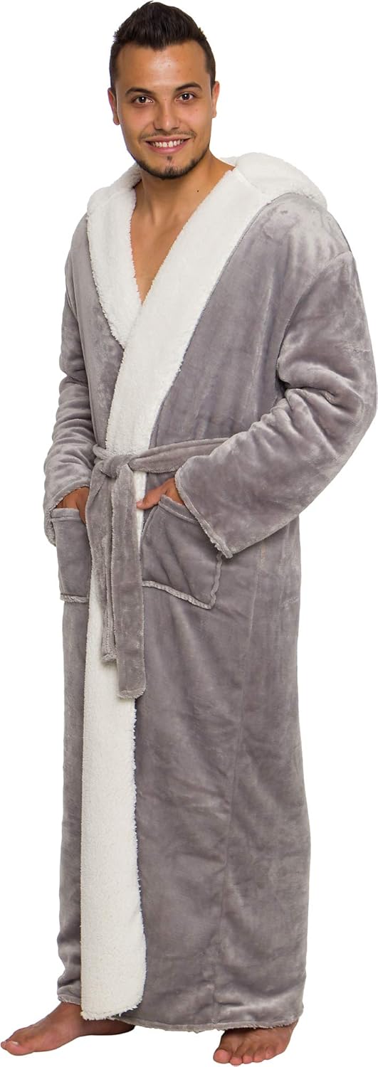 Ross Michaels Mens Sherpa-Lined Hooded Long Bathrobe - Full Length Luxury Plush Big & Tall Robe (Grey, L/XL) at  Men’s Clothing store