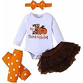 Axumity Newborn Baby Girl My 1st Thanksgiving Outfit Romper Top, Mesh Short Pants, Leg warmers with Headband Clothes Set