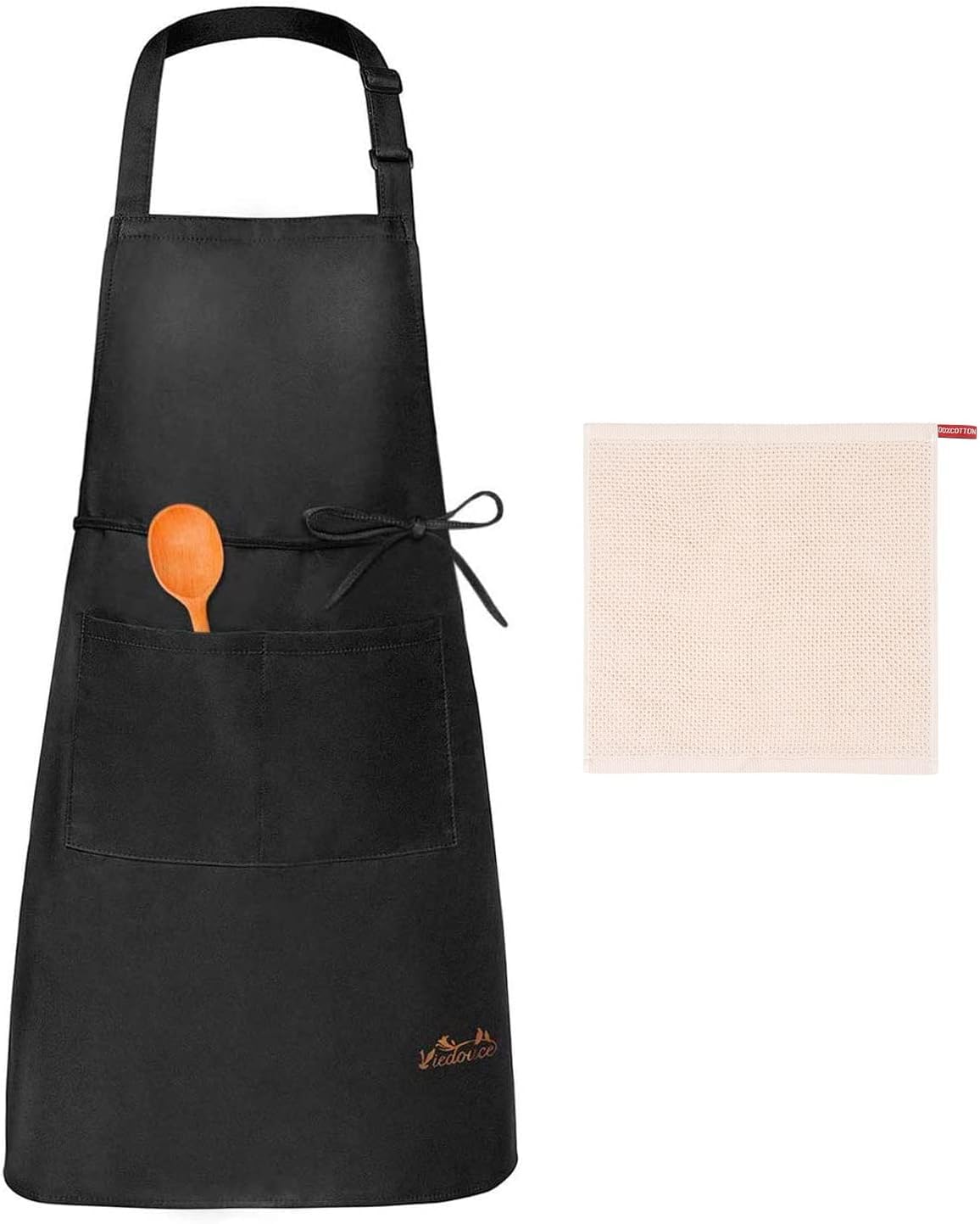 Viedouce Apron Cooking Kitchen Waterproof, Adjustable Chef Apron with Pockets for Home, Restaurant Craft Garden BBQ School Coffee House, Apron for Men Women(Black, 1 Tea Towel)