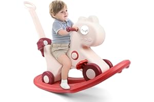 XIAPIA 4 in 1 Rocking Horses Ages 1-3, Baby Rocking Horse for Toddlers 1-3 with Push Handle and Footrest, Rocking Toys Balance Bike Balance Board for 1 2 3 4 5 Year Old Girl&Boy Birthday Gift