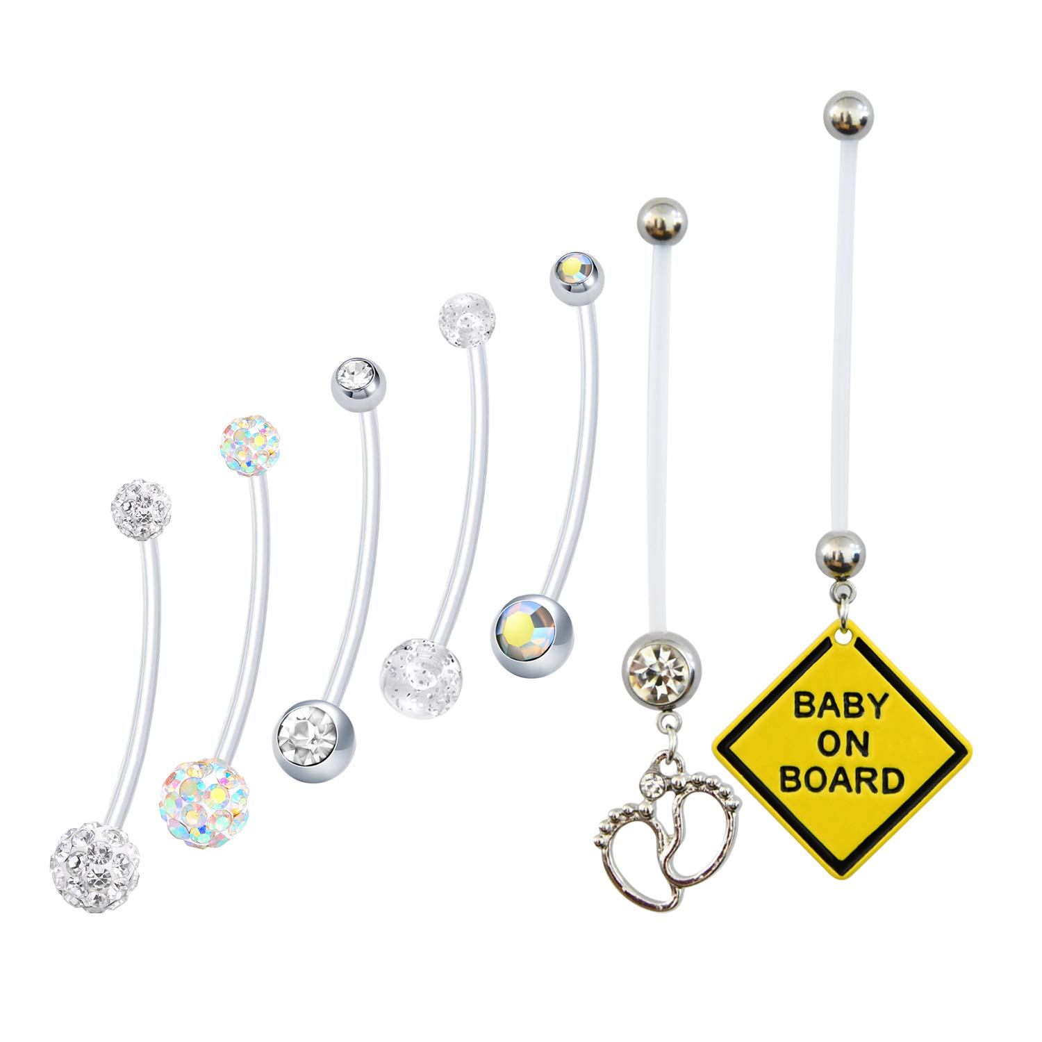 Mayhoop 7 Pcs Pregnancy Belly Bars Flexible 14G Maternity Sport Bioplast CZ & Paved Crystal Ball Navel Button Ring Retainer Silver Tone