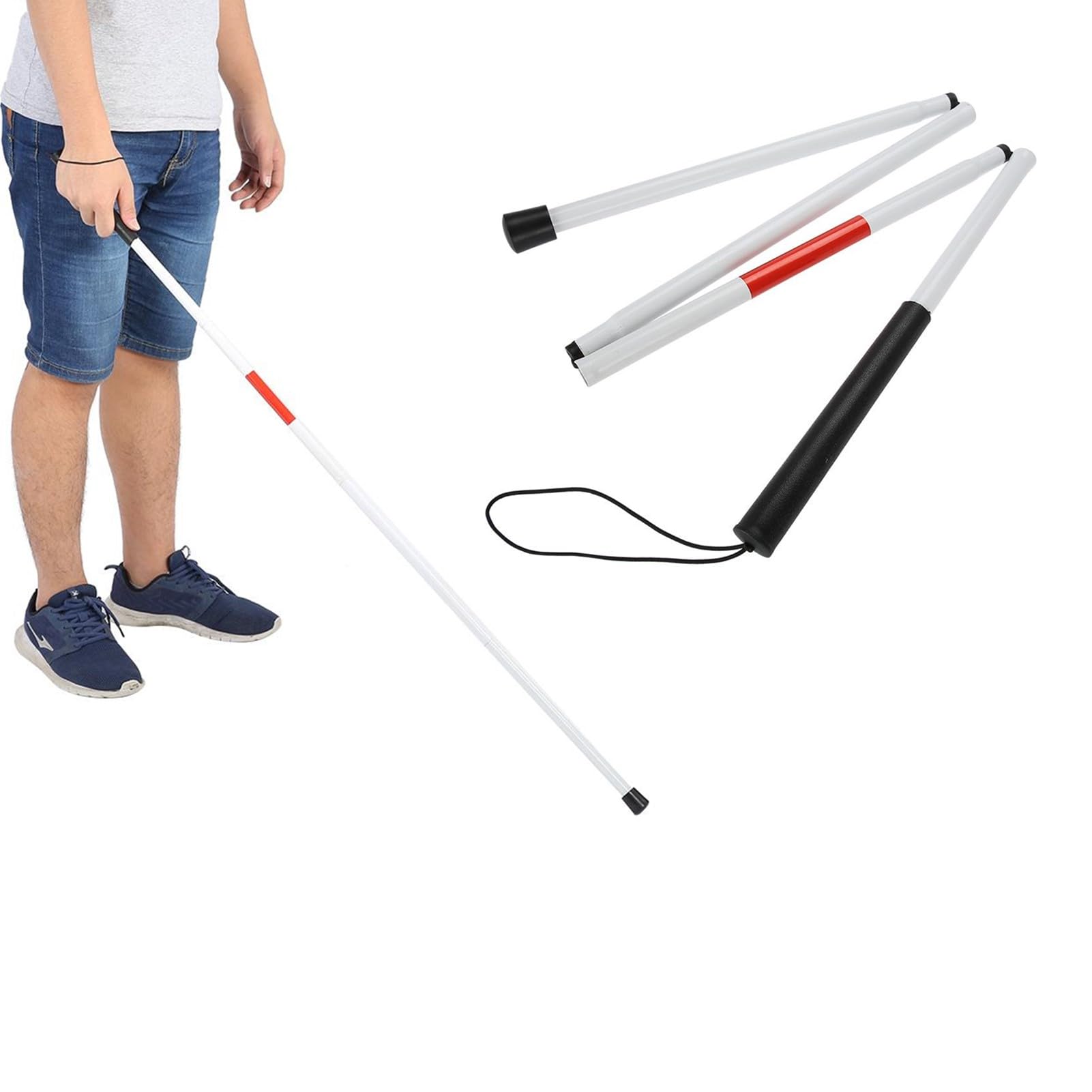 Nikou White Stick Blind Collapsible Folding Walking Stick Cane, Red White Walking Cane Long Stick Foldable Mobility Collapsible Reflective for the Blind and Vision Impaired