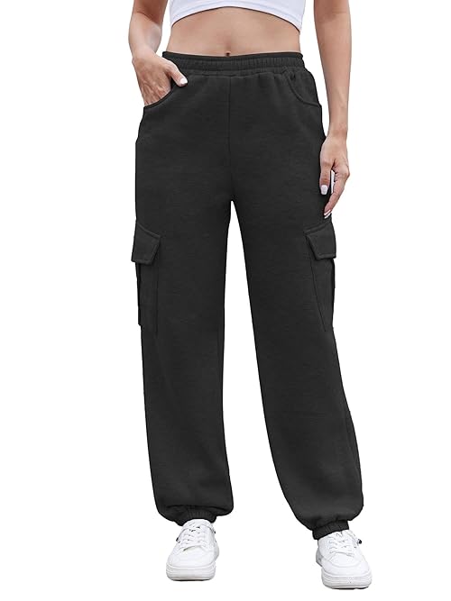 Achinel Fleece Lined Sweatpants Women Thermal Joggers Trousers Cargo Sweatpants Elastic Waist Tracksuit Bottoms Pants with Pockets Black M