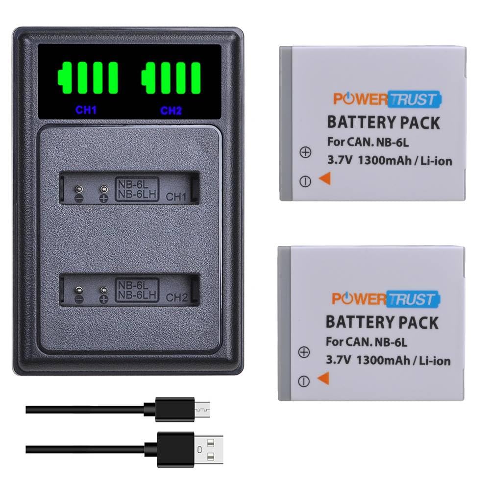 PowerTrust 2Pcs NB-6L NB-6LH Battery with LED Dual Charger for Canon PowerShot SX170 IS, SX240 HS, SX260 HS, SX270 HS, SX280 HS, SX500 IS, SX510 HS, SX600 HS, D10, D20, ELPH 500 HS, S90, S95, S120