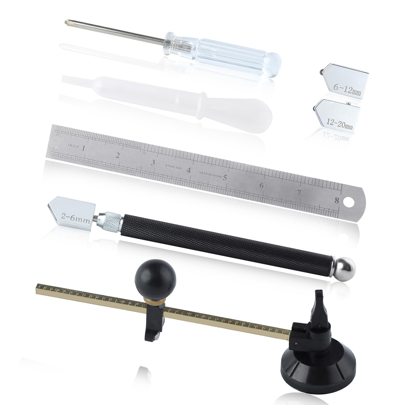 GOLD DEER 7 Pieces Glass Cutter Tool Set Circular Glass Cutter Glass Cutting Tool Set Adjustable Circular Glass Cutter Heavy Duty Circular Glass Cutter with Round Knob Handle and Suction Cup