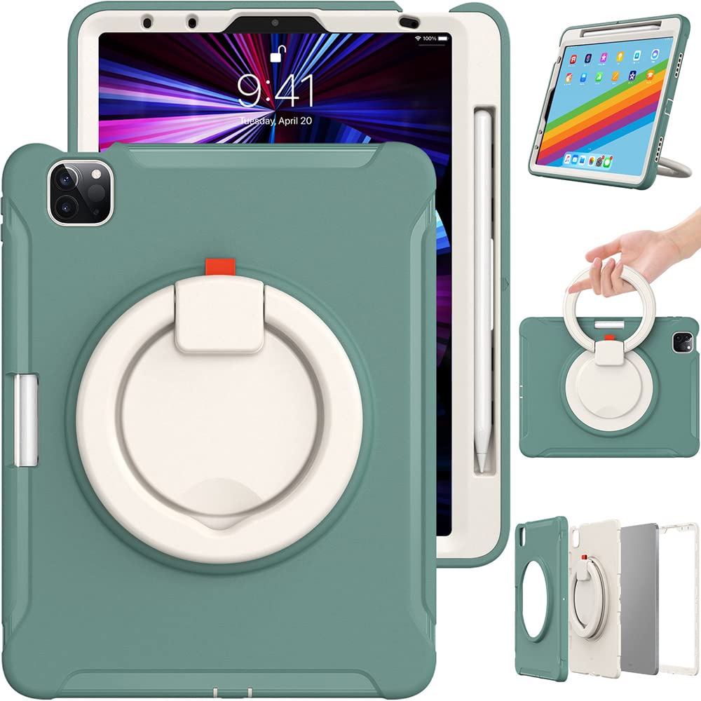 iPad Air 5 Gen/4 Gen 10.9 Inch Case with Handle, Ultra Light and Rugged Case for Kids with Rotating Stand and Pen Holder, Dark Green