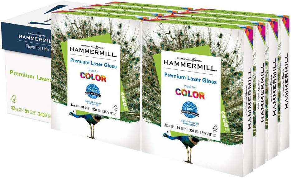 Hammermill Premium Laser Gloss Paper 32lb Copy Paper, 8.5x 11, 8 Packs of 300 Sheets, 2, 400 Total Sheets, Made in USA, 94 Bright, Acid Free Glossy Printer Paper, 163110C : Laser Printer Paper : Office Products