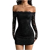 GORGLITTER Women's Lace Long Sleeves Mini Dress Y2K Fall Sexy Off The Shoulder Bodycon Night Out Birthday Party Dresses