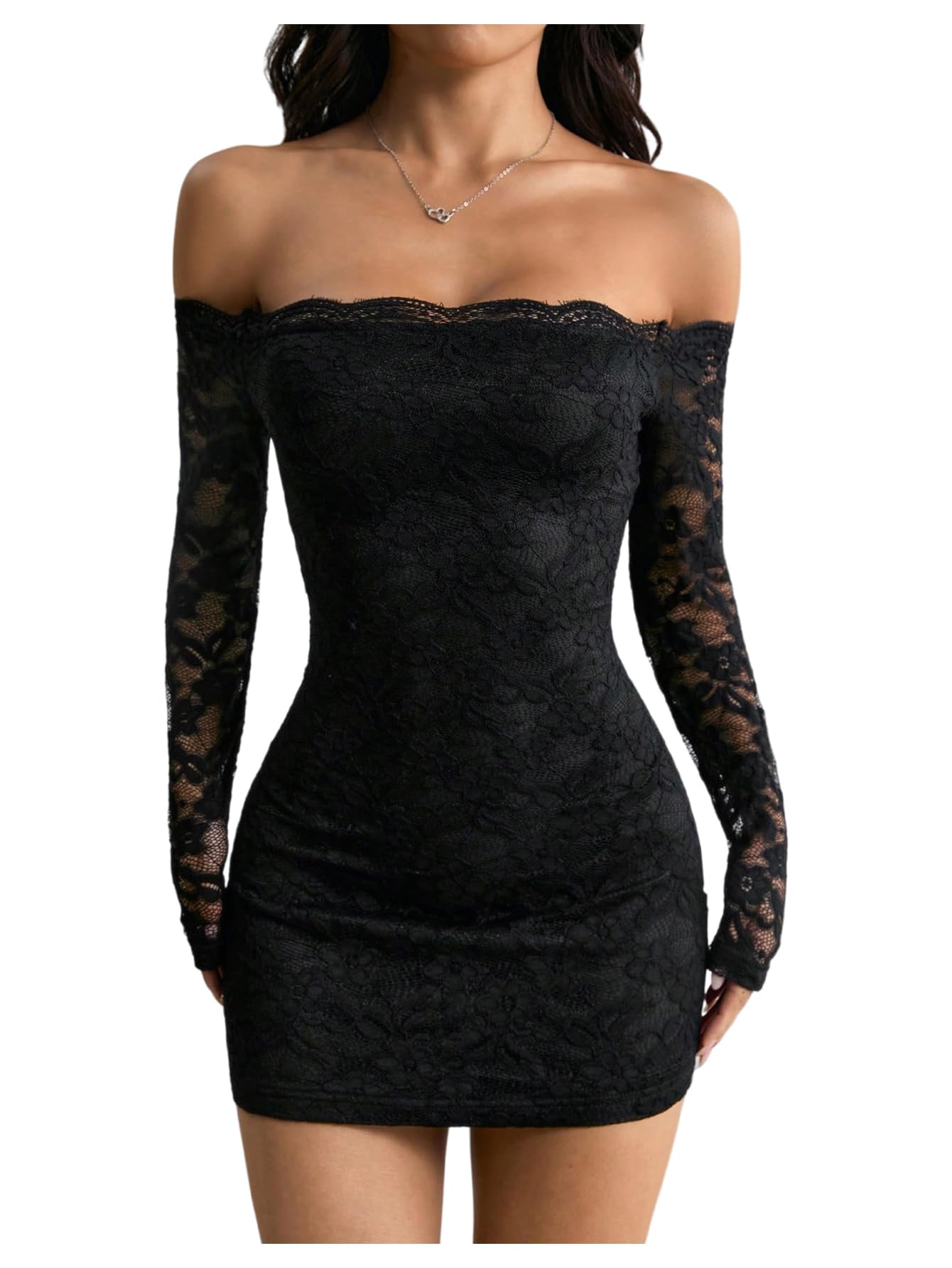 Photo 1 of GORGLITTER Women's Lace Off The Shoulder Bodycon Mini Dress Elegant Classy Sexy Long Sleeves Night Out Party Fall Dress Black Large
