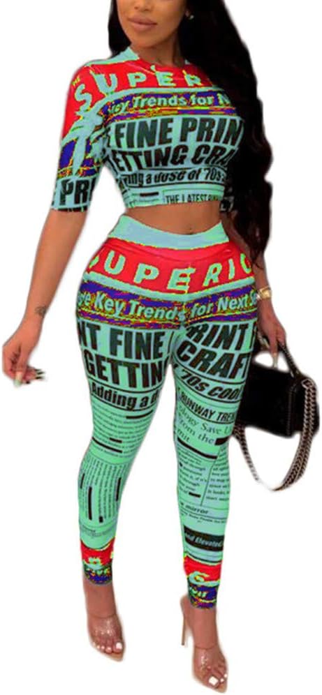Women's Crew Neck Short Sleeve Crop Top and Pants Sets Letters Print Bodycon 2 Piece Outfit Sports Tracksuits