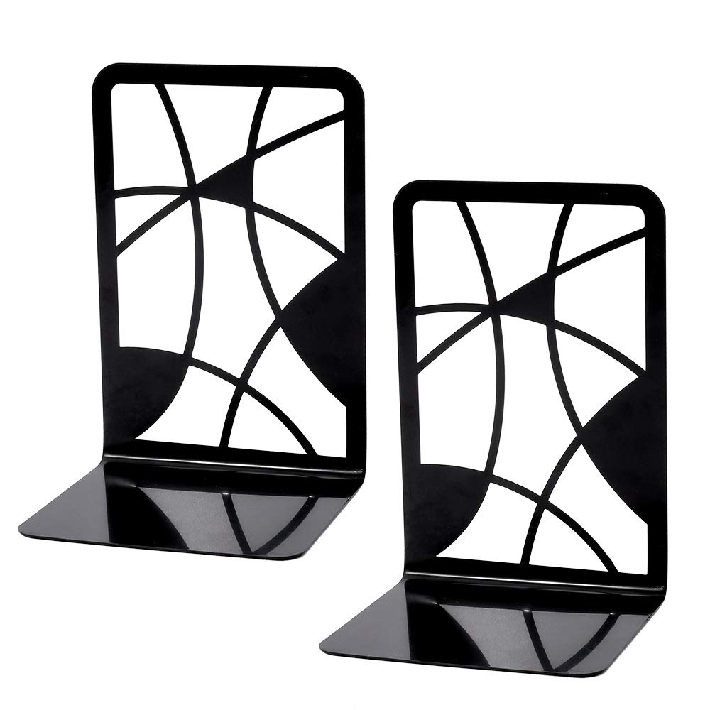 SIPLIV Minimalist Style Bookends Metal Adjustable Non Skid Books Holder Stand Book Rack Desk Bookends for School, Library, Home or Office - Arc Line (Black, 1 Pair)