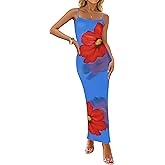 ZESICA Women’s Summer Bodycon Maxi Dresses 2026 Floral Spaghetti Strap Square Neck Sleeveless Boho Beach Long Dresses