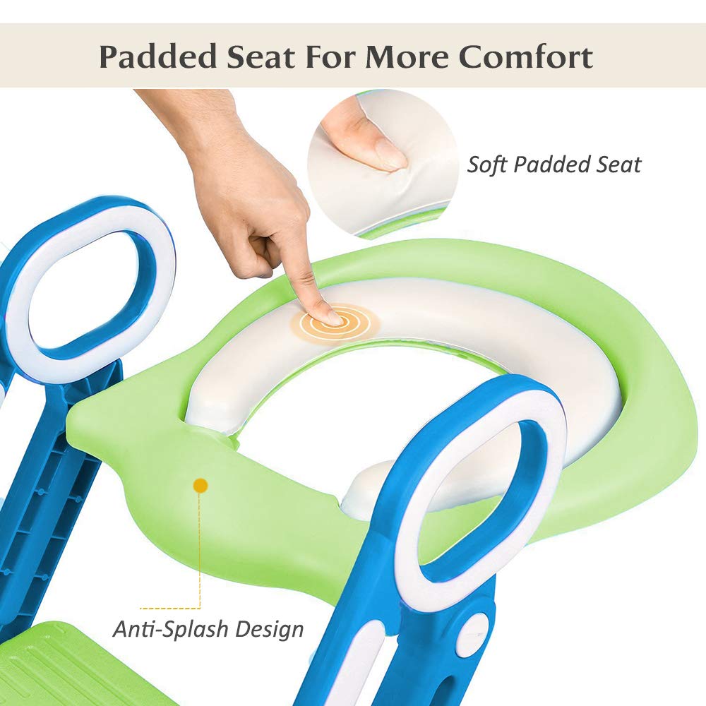 Potty Training Toilet Seat with Step Stool Ladder for Kid and Baby, Adjustable Toddler Toilet Training Seat with Soft Anti-Cold Padded Seat, Safe Handles and Non-Slip Wide Steps, Blue Green for Kids : Baby