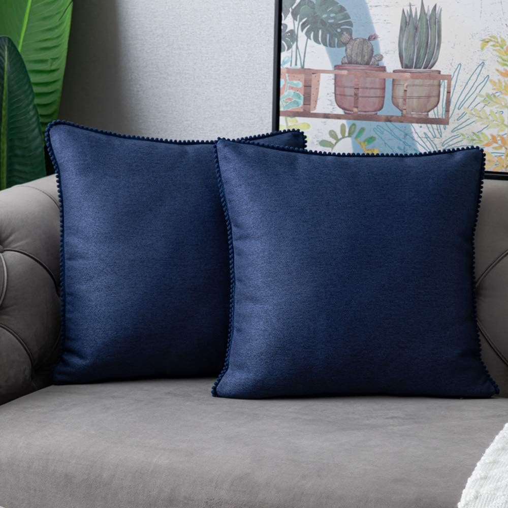 WLNUI Set of 2 Navy Blue Pillow Covers 20x20 Inch Rustic Cute Pom Poms Decorative