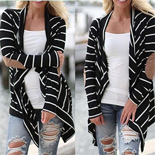 Mose Women Cardigans Oversized Coat, Womens Mini Coat Striped Patchwork Black and White Striped Long Ladies Jacket Casual Cotton Blend Fashion Long Sleev Outwear New (Black, L) - Thumbnail 6