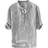 Ryannology Mens Linen Shirts Casual Cotton 3/4 Sleeve Regular-Fit Henley T-Shirt Summer Lightweight Beach Yoga Tops