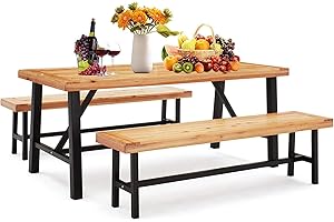 AVAWING 3-Pieces Patio Dining Set, Outdoor Wood Table Bench Set w/1 Table and 2 Benches, 71" Wooden Picnic Furniture for Garden, Porch, Balcony, Deck, Backyard, Natural
